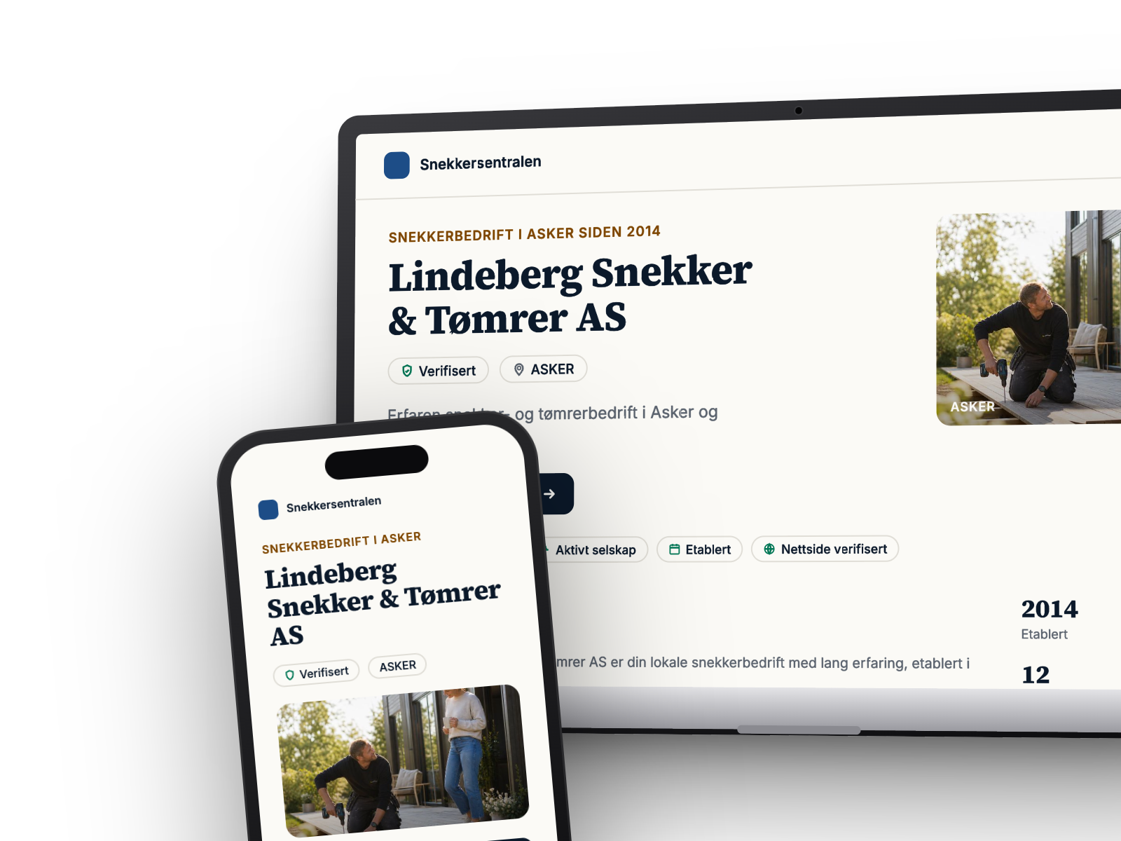 Skjermbilde av Snekkersentralen: bedriftsprofilen til Lindeberg Snekker & Tømrer AS med verifiseringsmerker, sted og referansebilde, vist på nettbrett og mobil.